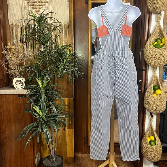 Vintage Railroad Stripe Overalls 2P Blue White Cotton Straight Leg Workwear Chic - Picture 2 of 14